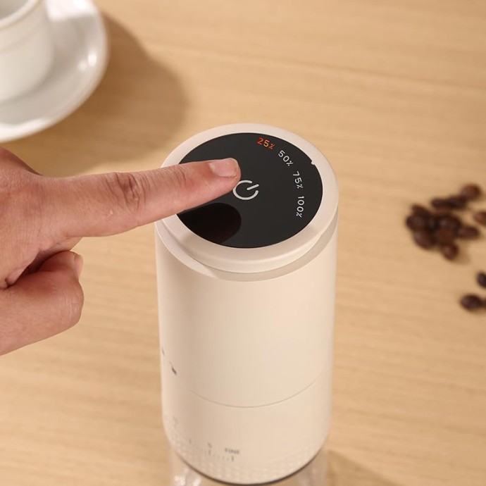 Off-white portable electric coffee grinder
