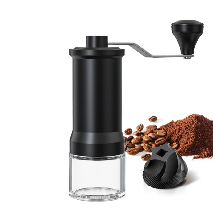 Black stainless steel hand-crank manual coffee grinder