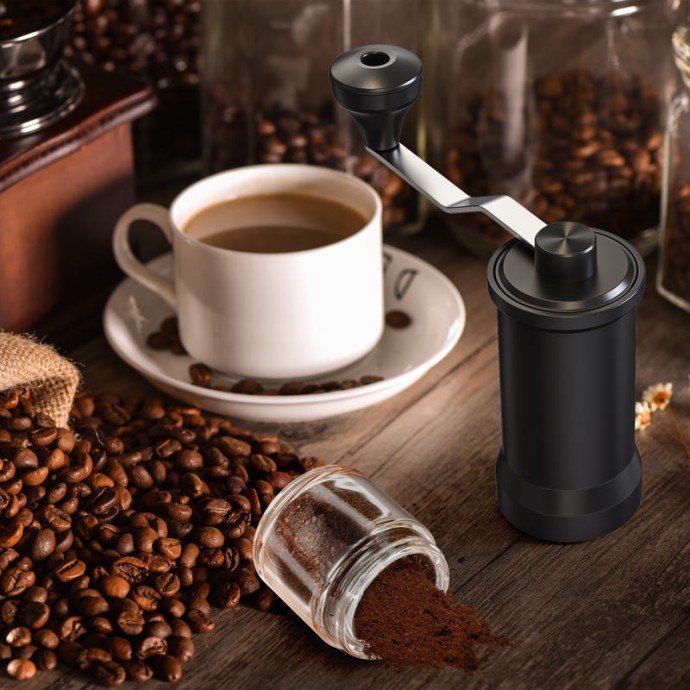 Black stainless steel hand-crank manual coffee grinder
