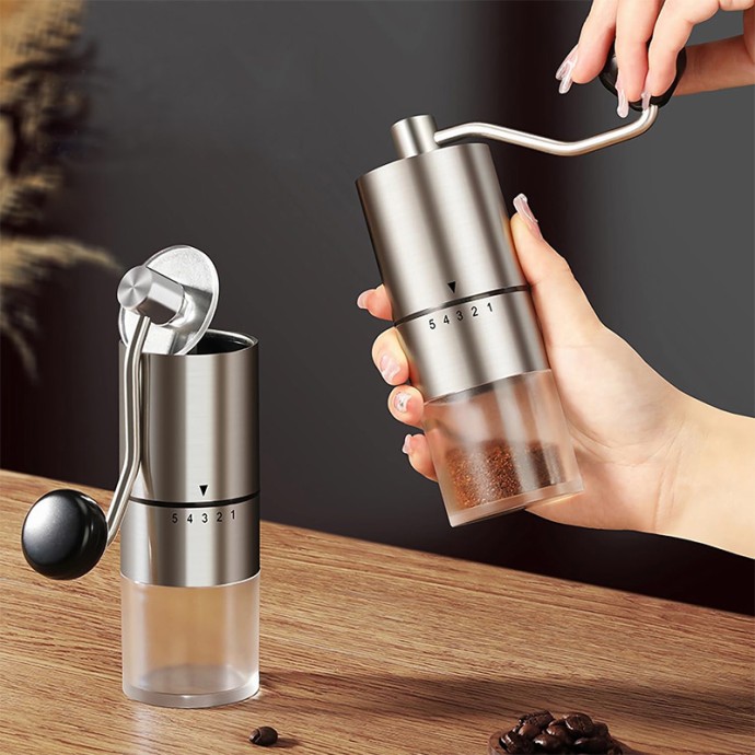 Silver stainless steel manual coffee grinder