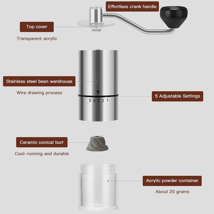 Silver stainless steel manual coffee grinder