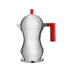 Red aluminum handle and knob moka pot