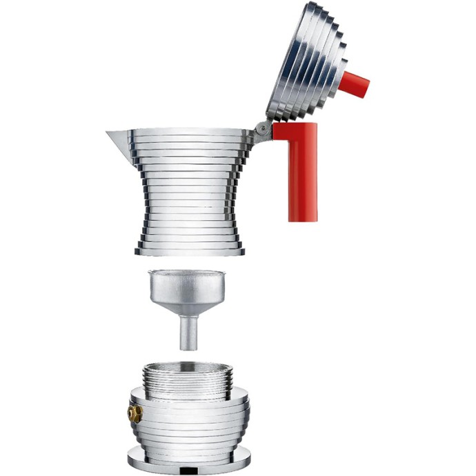 Red aluminum handle and knob moka pot